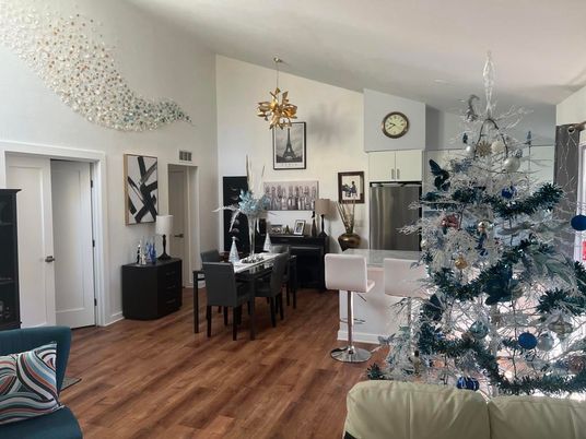 Chandelier, Dining room, Interior, Kitchen, Living room, Stainless Steel Appliances, Wood Texture Flooring