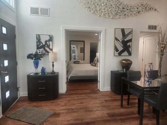Bedroom, Dining room, Interior, Recessed Lighting, Wood Texture Flooring