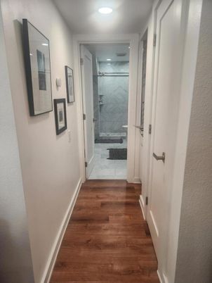 Bathroom, Interior, Marble, Marble Walls, Recessed Lighting, Wood Texture Flooring