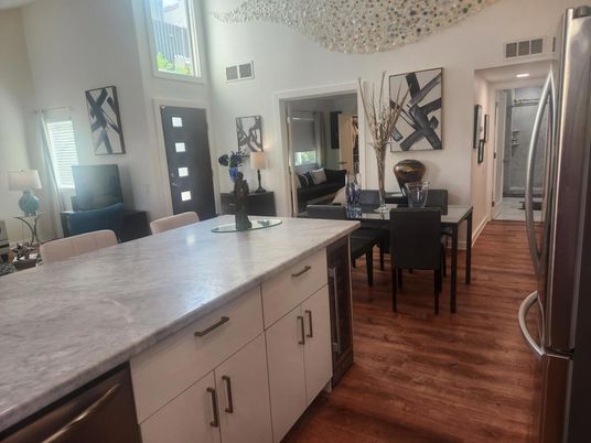 Dining room, Interior, Kitchen, Living room, Recessed Lighting, Wood Texture Flooring