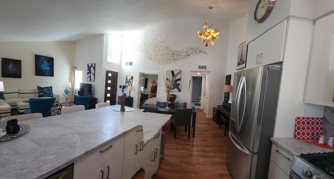 Dining room, Interior, Kitchen, Living room, Pendant Lights, Stainless Steel Appliances, Wood Texture Flooring