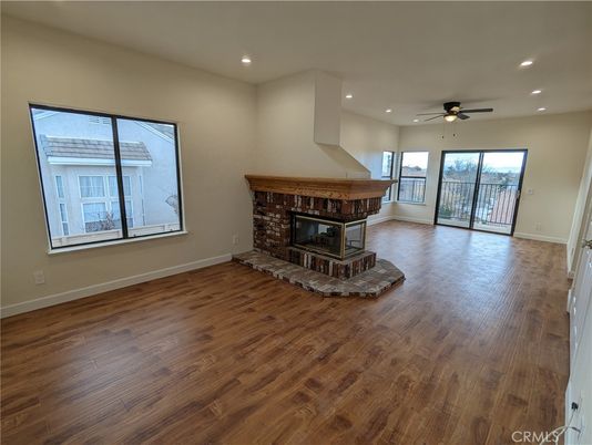 Empty room, Fireplace, Interior, Recessed Lighting, Wood Texture Flooring