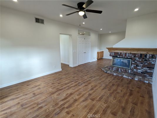 Empty room, Fireplace, Interior, Recessed Lighting, Wood Texture Flooring