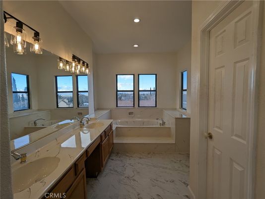 Bathroom, Dual Sink Vanities, Interior, Marble, Recessed Lighting
