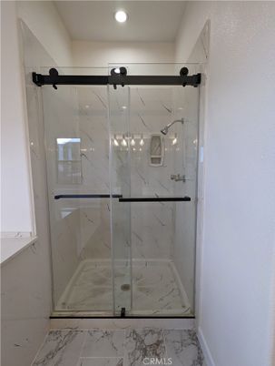 Bathroom, Glass Shower, Interior, Marble, Marble Walls, Recessed Lighting