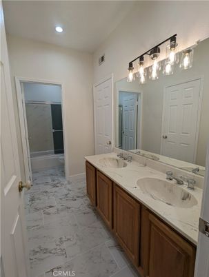 Bathroom, Dual Sink Vanities, Interior, Marble, Recessed Lighting
