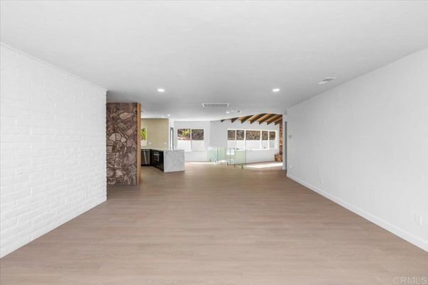 Empty room, Interior, Recessed Lighting, Stone Walls, Wood Texture Flooring