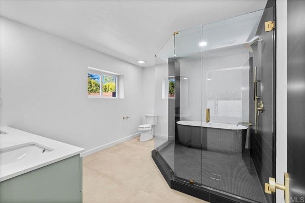 Bathroom, Free Standing Baths, Glass Shower, Interior, Recessed Lighting