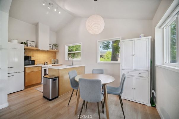 Dining room, Interior, Kitchen, Pendant Lights, Wood Texture Flooring