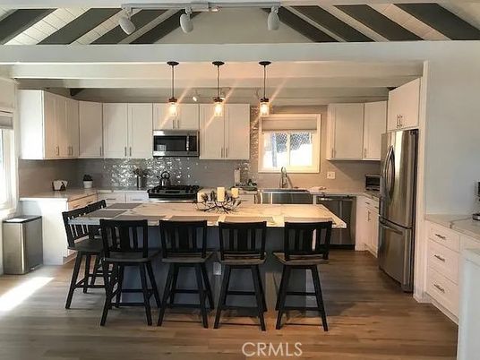 Interior, Kitchen, Pendant Lights, Stainless Steel Appliances, Wood Texture Flooring