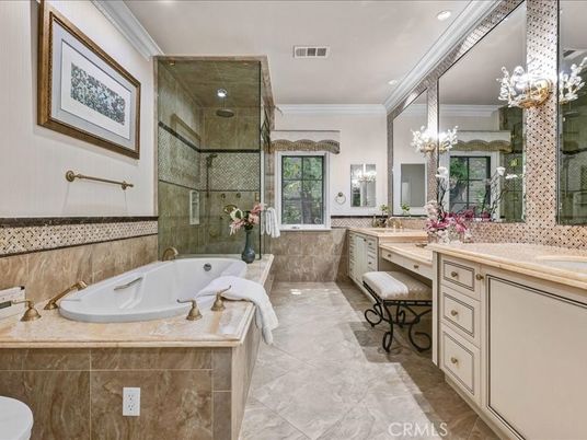 Bathroom, Chandelier, Dual Sink Vanities, Glass Shower, Interior, Recessed Lighting