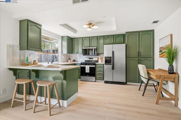 Interior, Kitchen, Stainless Steel Appliances, Wood Texture Flooring