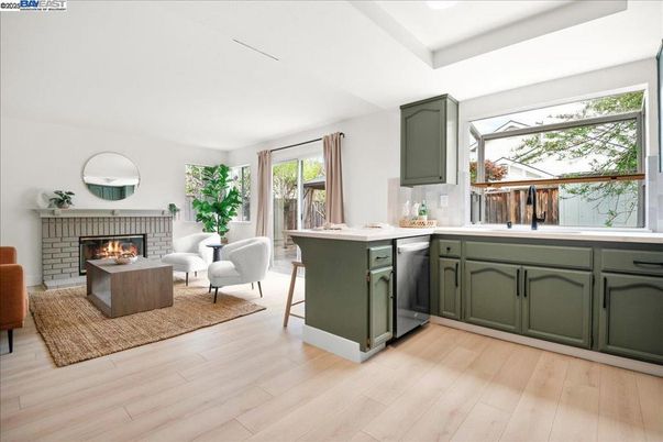 Fireplace, Interior, Kitchen, Living room, Wood Texture Flooring