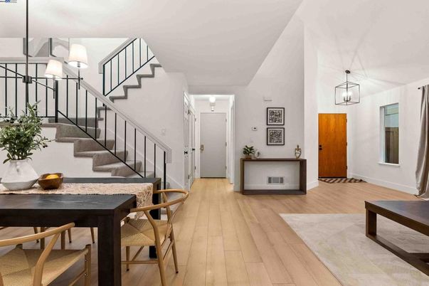 Dining room, Interior, Pendant Lights, Wood Texture Flooring