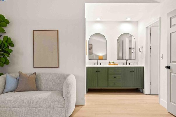 Bathroom, Dual Sink Vanities, Interior, Recessed Lighting, Wood Texture Flooring