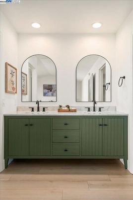 Bathroom, Dual Sink Vanities, Interior, Recessed Lighting, Wood Texture Flooring