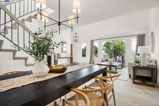 Dining room, Interior, Living room, Pendant Lights, Wood Texture Flooring