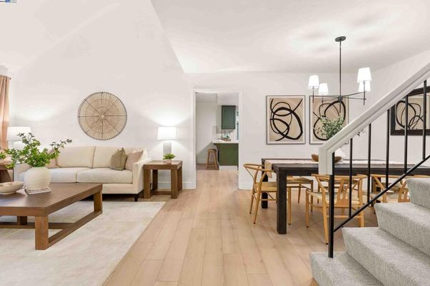 Dining room, Interior, Living room, Pendant Lights, Wood Texture Flooring