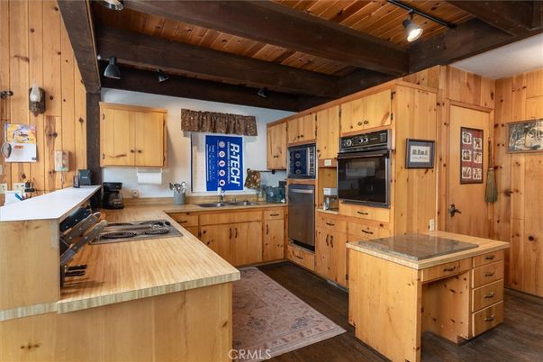 Interior, Kitchen, Stainless Steel Appliances, Wooden Beams, Wooden Ceilings, Wood Texture Flooring, Wooden Walls