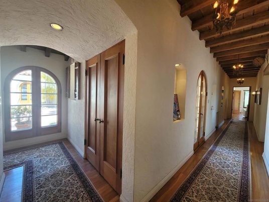 Chandelier, Interior, Recessed Lighting, Wooden Beams, Wood Texture Flooring