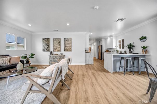 Dining room, Interior, Living room, Recessed Lighting, Wood Texture Flooring