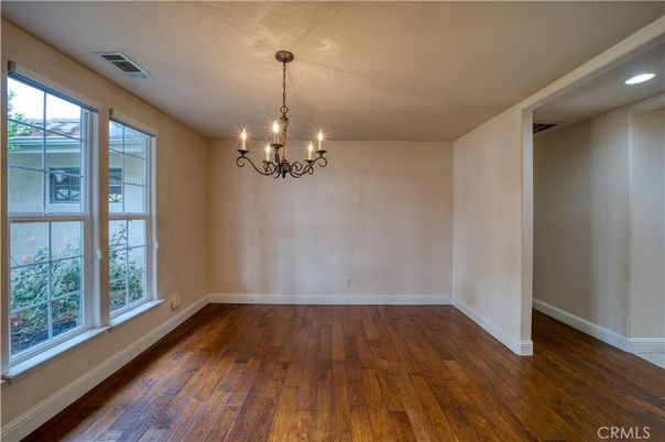 Chandelier, Empty room, Interior, Recessed Lighting, Wood Texture Flooring