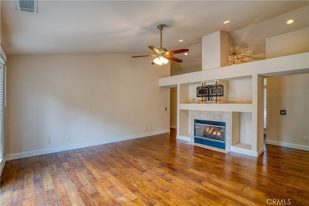 Empty room, Fireplace, Interior, Recessed Lighting, Wood Texture Flooring