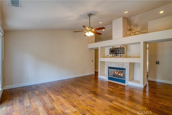Empty room, Fireplace, Interior, Recessed Lighting, Wood Texture Flooring