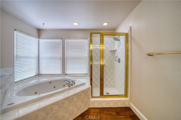 Bathroom, Glass Shower, Interior, Recessed Lighting, Wood Texture Flooring