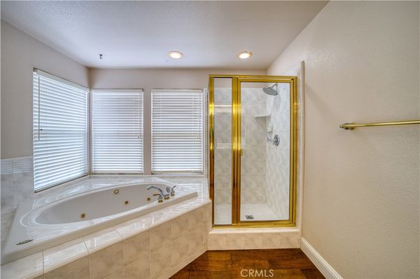 Bathroom, Glass Shower, Interior, Recessed Lighting, Wood Texture Flooring