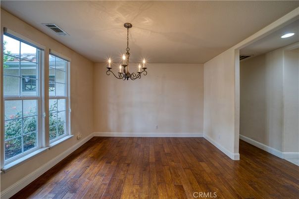Chandelier, Empty room, Interior, Recessed Lighting, Wood Texture Flooring