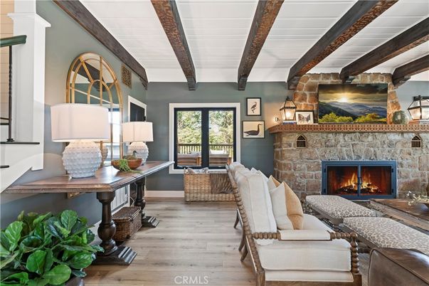 Fireplace, Interior, Living room, Stone Walls, Wooden Beams, Wood Texture Flooring