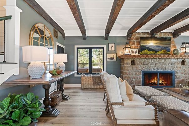 Fireplace, Interior, Living room, Stone Walls, Wooden Beams, Wood Texture Flooring