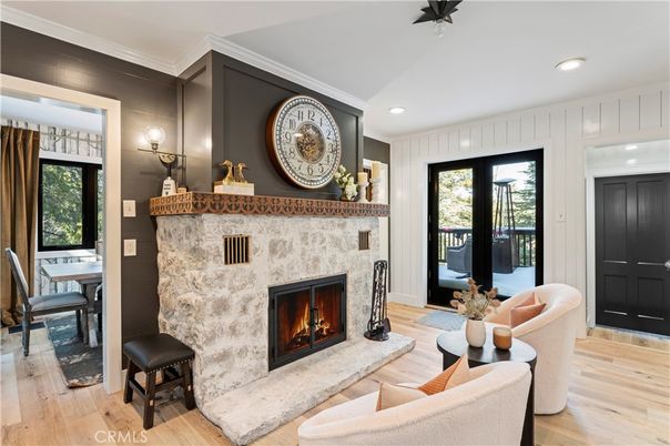 Dining room, Fireplace, Interior, Living room, Recessed Lighting, Wood Texture Flooring