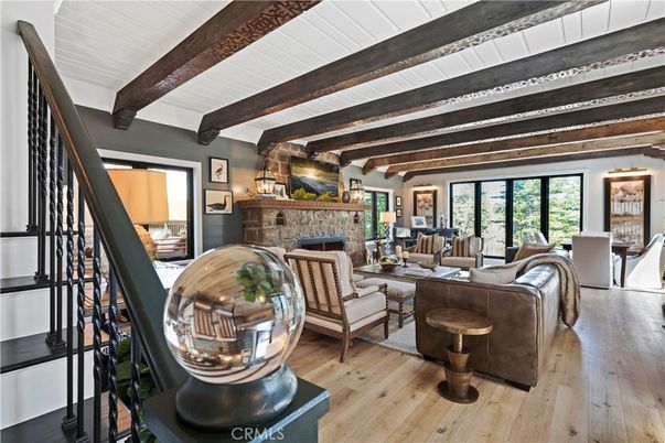 Dining room, Fireplace, Interior, Living room, Wooden Beams, Wood Texture Flooring