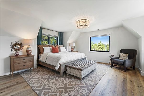 Bedroom, Chandelier, Interior, Wood Texture Flooring