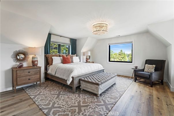Bedroom, Chandelier, Interior, Wood Texture Flooring