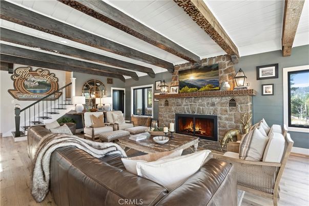 Fireplace, Interior, Living room, Stone Walls, Wooden Beams, Wood Texture Flooring