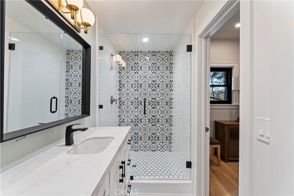 Bathroom, Glass Shower, Interior, Recessed Lighting, Wood Texture Flooring