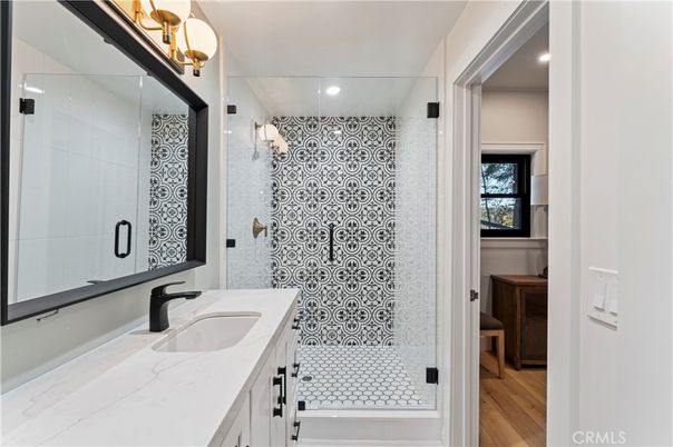 Bathroom, Glass Shower, Interior, Recessed Lighting, Wood Texture Flooring