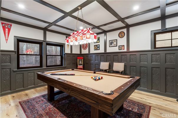 Billiard Table, Chandelier, Game Room, Interior, Recessed Lighting, Wood Texture Flooring