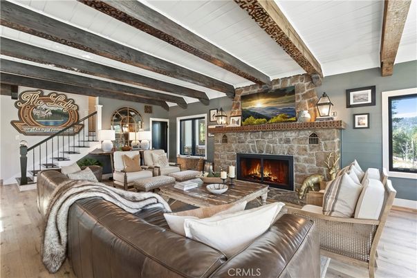 Fireplace, Interior, Living room, Stone Walls, Wooden Beams, Wood Texture Flooring