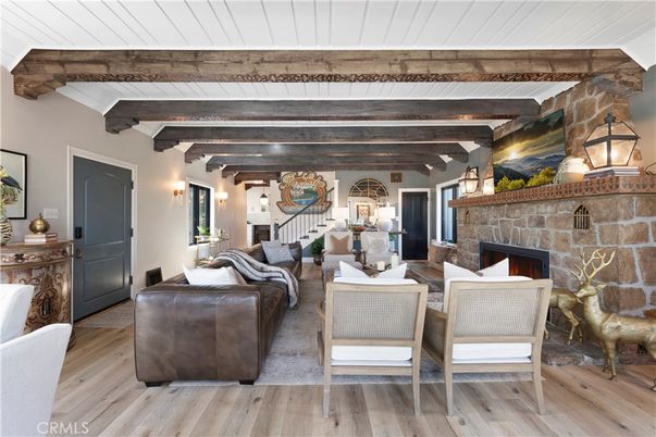 Fireplace, Interior, Living room, Stone Walls, Wooden Beams, Wood Texture Flooring