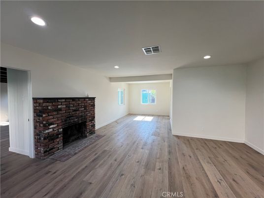 Empty room, Fireplace, Interior, Recessed Lighting, Wood Texture Flooring