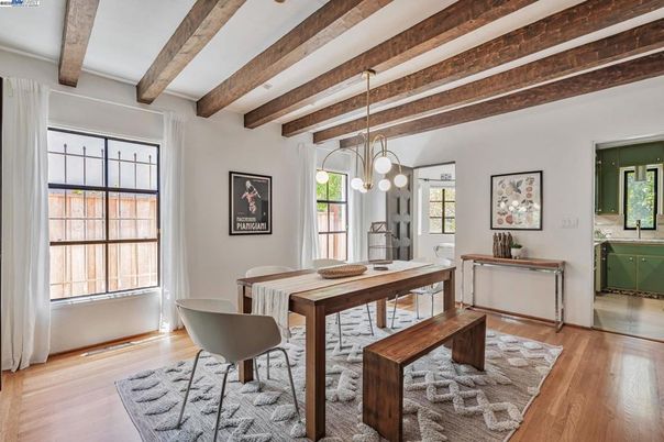 Dining room, Interior, Pendant Lights, Wooden Beams, Wood Texture Flooring