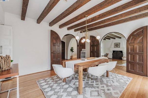 Dining room, Fireplace, Interior, Pendant Lights, Wooden Beams, Wood Texture Flooring