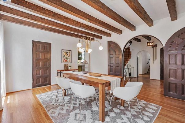 Dining room, Interior, Pendant Lights, Wooden Beams, Wood Texture Flooring