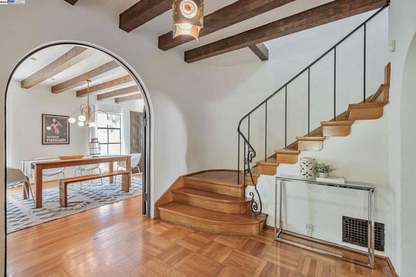 Dining room, Interior, Pendant Lights, Wooden Beams, Wood Texture Flooring