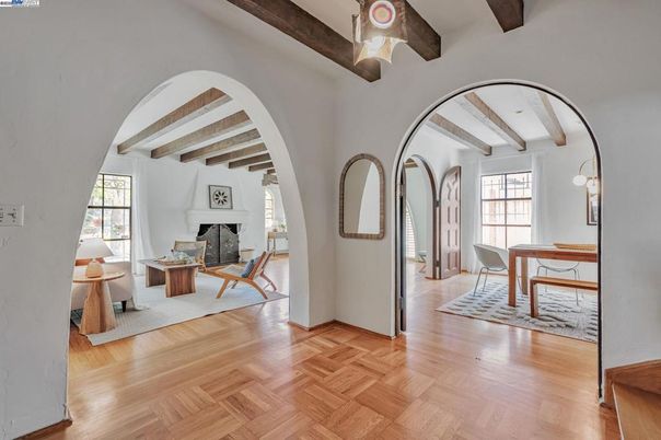 Dining room, Fireplace, Interior, Wooden Beams, Wood Texture Flooring