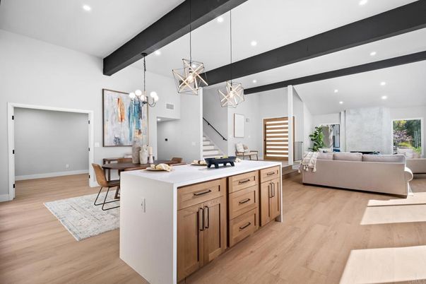 Chandelier, Dining room, Interior, Kitchen, Living room, Pendant Lights, Recessed Lighting, Wooden Beams, Wood Texture Flooring